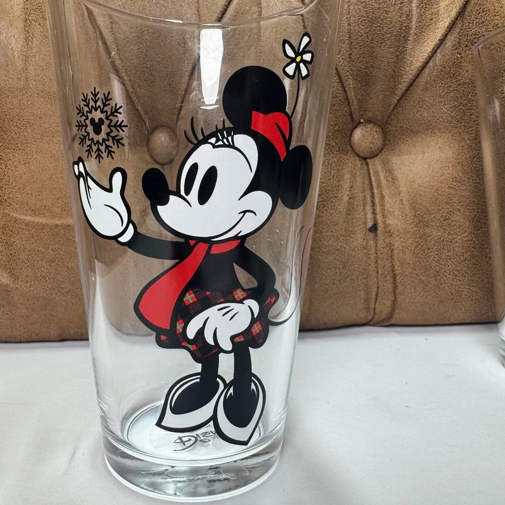 Disney‎ Drinking Glasses Mickey & Minnie Mouse Set of 4 Winter Holiday Plaid